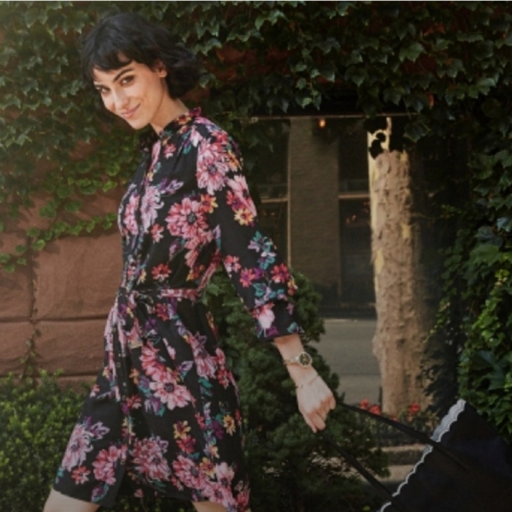 Isaac Mizrahi NY Floral Black Long Sleeve Shirt Dress Medium (7027)